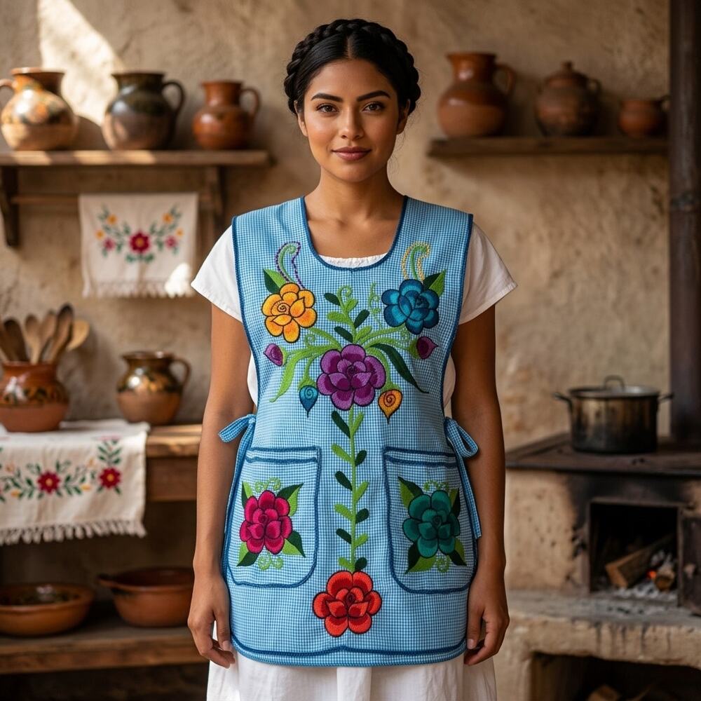 Mexican Embroidered Smock Apron – Floral Traditional Design 28 X 19 IN